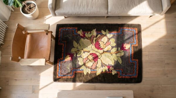 Antique square floral bouquet american hooked rug 2 Antique square floral bouquet american hooked rug (sku 17637) - styled overhead view