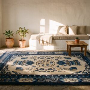 Square Antique Floral Wool Pile Hand Knotted White and Blue Chinese Rug (SKU 21511) - room view