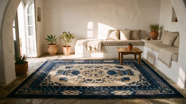 Square antique floral wool pile hand knotted white and blue chinese rug 8 Square antique floral wool pile hand knotted white and blue chinese rug (sku 21511) - room view