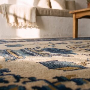 Square Antique Floral Wool Pile Hand Knotted White and Blue Chinese Rug (SKU 21511) - in-room detail