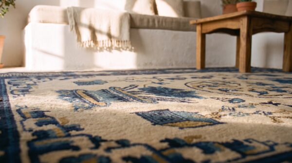 Square antique floral wool pile hand knotted white and blue chinese rug 9 Square antique floral wool pile hand knotted white and blue chinese rug (sku 21511) - in-room detail