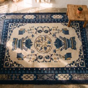 Square Antique Floral Wool Pile Hand Knotted White and Blue Chinese Rug (SKU 21511) - styled overhead view