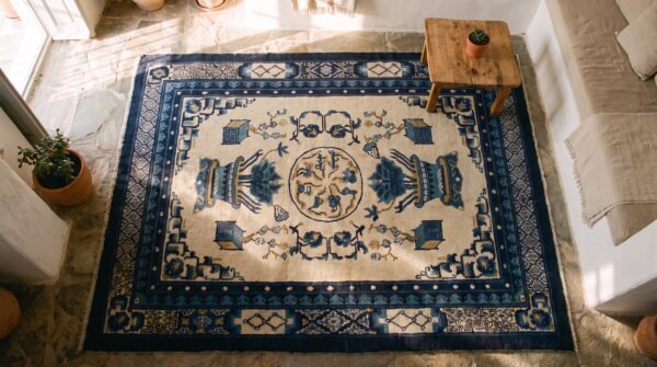 Square antique floral wool pile hand knotted white and blue chinese rug 2 Square antique floral wool pile hand knotted white and blue chinese rug (sku 21511) - styled overhead view