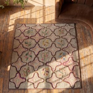 Antique Square Four Pointed Star Design American Folk Art Hooked Rug (SKU 17184) - styled overhead view