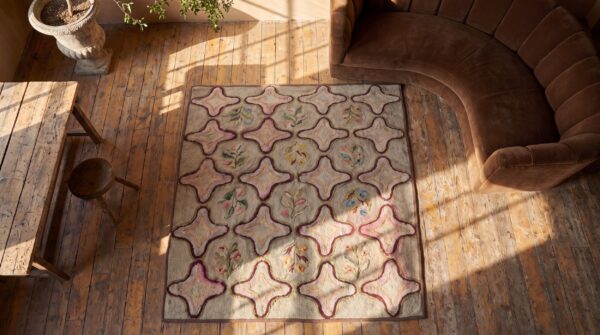 Antique square four pointed star design american folk art hooked rug 2 Antique square four pointed star design american folk art hooked rug (sku 17184) - styled overhead view
