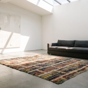 Antique Square Geometric Layered Brick Pattern American Hooked Rug (SKU 20485) - room view