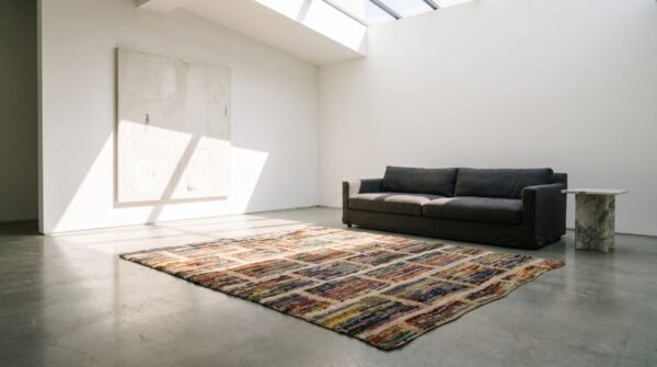 Antique square geometric layered brick pattern american hooked rug (sku 20485) - room view