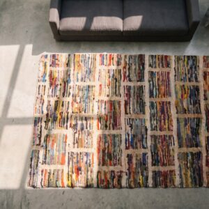 Antique Square Geometric Layered Brick Pattern American Hooked Rug (SKU 20485) - styled overhead view