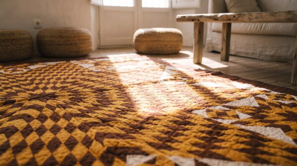 Square geometric medallion wool hand knotted 1920s american antique rug 13 Square geometric medallion wool hand knotted 1920s american antique rug (sku 20655) - in-room detail