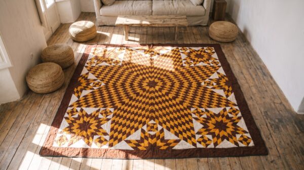 Square geometric medallion wool hand knotted 1920s american antique rug 2 Square geometric medallion wool hand knotted 1920s american antique rug (sku 20655) - styled overhead view