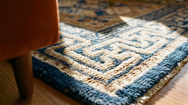 Antique square geometric medallion wool hand knotted yellow 1870s rug 11 Antique square geometric medallion wool hand knotted yellow 1870s rug (sku 22729) - in-room detail