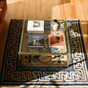 Antique Square Geometric Medallion Wool Hand Knotted Yellow 1870s Rug (SKU 22729) - styled overhead view