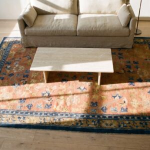 Square Geometric Antique Yellow Late 18th Century Chinese Ningxia Rug (SKU 21694) - styled overhead view