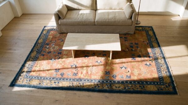 Square geometric antique yellow late 18th century chinese ningxia rug 2 Square geometric antique yellow late 18th century chinese ningxia rug (sku 21694) - styled overhead view