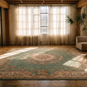 Antique Square Green Floral Medallion French Aubusson Flatweave Rug (SKU 19050) - room view