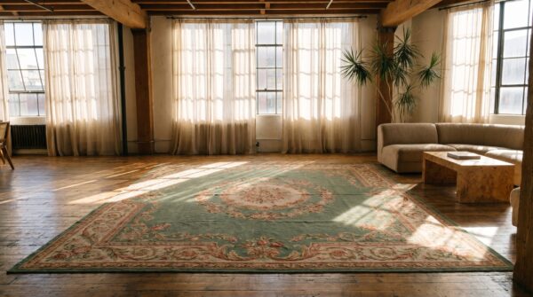 Antique square green floral medallion french aubusson flatweave rug 8 Antique square green floral medallion french aubusson flatweave rug (sku 19050) - room view