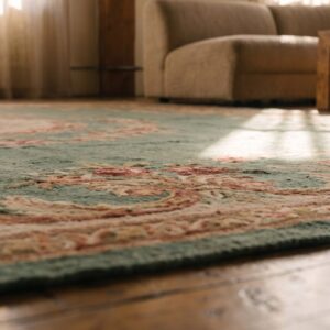 Antique Square Green Floral Medallion French Aubusson Flatweave Rug (SKU 19050) - in-room detail