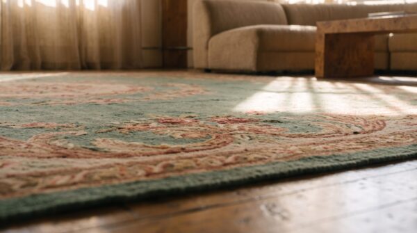 Antique square green floral medallion french aubusson flatweave rug 9 Antique square green floral medallion french aubusson flatweave rug (sku 19050) - in-room detail