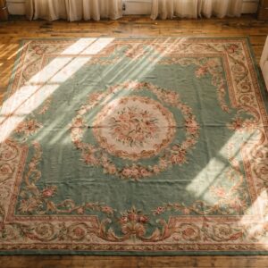 Antique Square Green Floral Medallion French Aubusson Flatweave Rug (SKU 19050) - styled overhead view