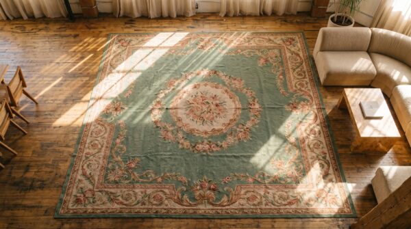 Antique square green floral medallion french aubusson flatweave rug 2 Antique square green floral medallion french aubusson flatweave rug (sku 19050) - styled overhead view