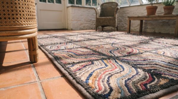 Square wool hooked 1930s american small scatter size antique rug (sku 19750) - in-room detail