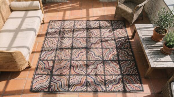 Square wool hooked 1930s american small scatter size antique rug (sku 19750) - styled overhead view