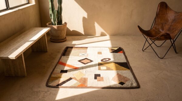Square hooked ivory american antique wool small scatter size 1930s rug 7 Square hooked ivory american antique wool small scatter size 1930s rug (sku 20519) - room view