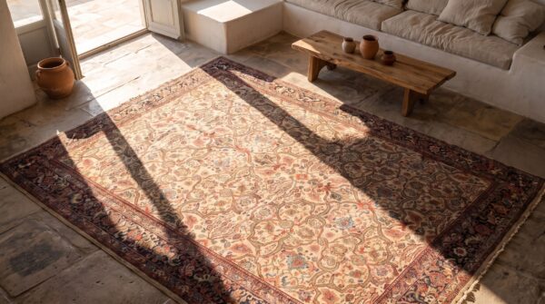 Square antique ivory allover floral persian malayer area rug 2 Square antique ivory allover floral persian malayer area rug (sku 21327) - styled overhead view