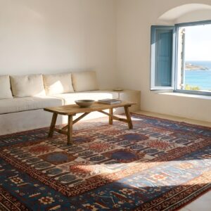 Wool Square Ivory Beige Cream White Allover Geometric 1880s Hand Knotted Pile Antique Rug (SKU 25847) - room view