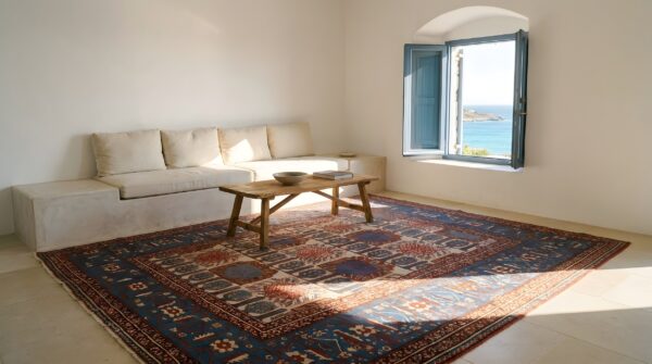 Wool square ivory beige cream white allover geometric 1880s hand knotted pile antique rug 6 Wool square ivory beige cream white allover geometric 1880s hand knotted pile antique rug (sku 25847) - room view