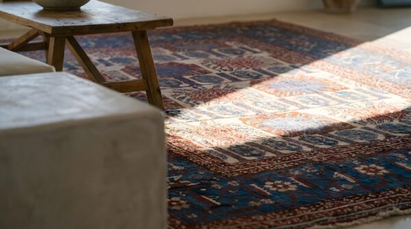Wool square ivory beige cream white allover geometric 1880s hand knotted pile antique rug 7 Wool square ivory beige cream white allover geometric 1880s hand knotted pile antique rug (sku 25847) - in-room detail