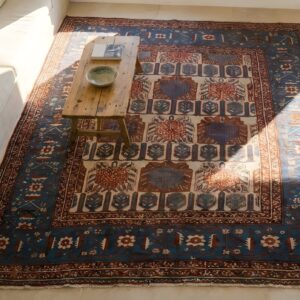 Wool Square Ivory Beige Cream White Allover Geometric 1880s Hand Knotted Pile Antique Rug (SKU 25847) - styled overhead view