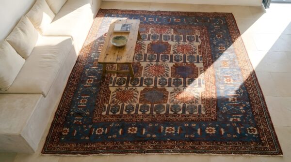 Wool square ivory beige cream white allover geometric 1880s hand knotted pile antique rug 2 Wool square ivory beige cream white allover geometric 1880s hand knotted pile antique rug (sku 25847) - styled overhead view