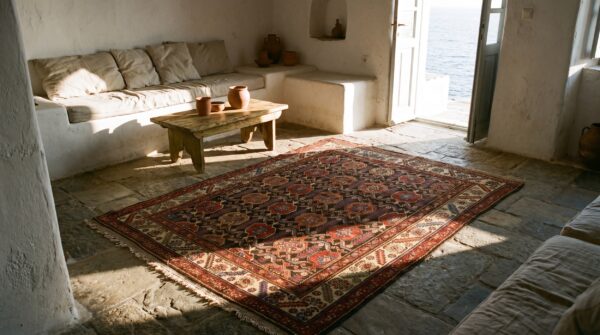 Antique square malayer persian tribal geometric rug - 1920s (sku 21110) - room view