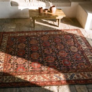 Antique Square Malayer Persian Tribal Geometric Rug - 1920s (SKU 21110) - styled overhead view