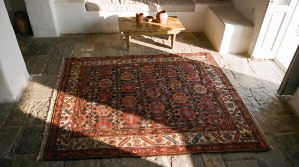 Antique square malayer persian tribal geometric rug - 1920s (sku 21110) - styled overhead view