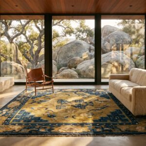 Antique Square Mid 19th Century Wool Pile Chinese Ningxia Yellow Scatter Rug (SKU 21521) - room view