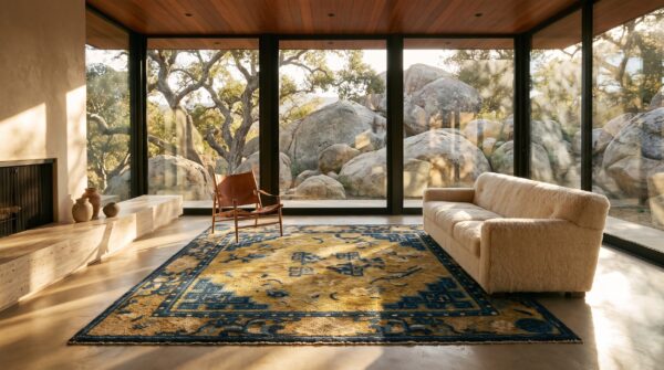 Antique square mid 19th century wool pile chinese ningxia yellow scatter rug 5 Antique square mid 19th century wool pile chinese ningxia yellow scatter rug (sku 21521) - room view