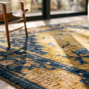 Antique Square Mid 19th Century Wool Pile Chinese Ningxia Yellow Scatter Rug (SKU 21521) - in-room detail