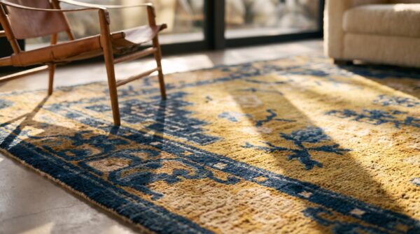 Antique square mid 19th century wool pile chinese ningxia yellow scatter rug 6 Antique square mid 19th century wool pile chinese ningxia yellow scatter rug (sku 21521) - in-room detail