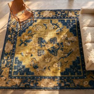 Antique Square Mid 19th Century Wool Pile Chinese Ningxia Yellow Scatter Rug (SKU 21521) - styled overhead view