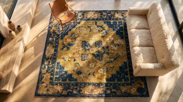 Antique square mid 19th century wool pile chinese ningxia yellow scatter rug 2 Antique square mid 19th century wool pile chinese ningxia yellow scatter rug (sku 21521) - styled overhead view