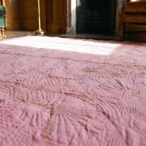 Square Multicolor Jewel Tones Wool Antique Allover Geometric Quilt Needlework 1920s Rug (SKU 20713) - in-room detail