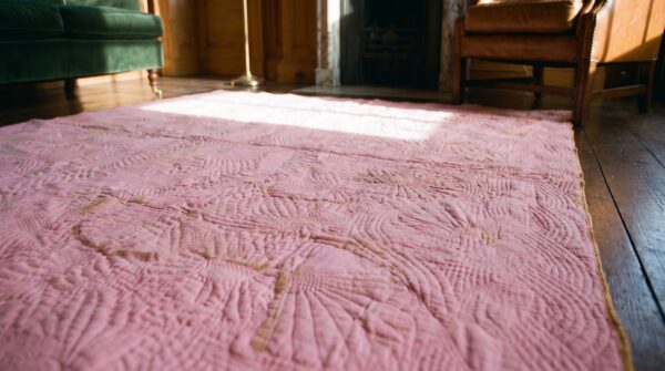 Square multicolor jewel tones wool antique allover geometric quilt needlework 1920s rug 10 Square multicolor jewel tones wool antique allover geometric quilt needlework 1920s rug (sku 20713) - in-room detail