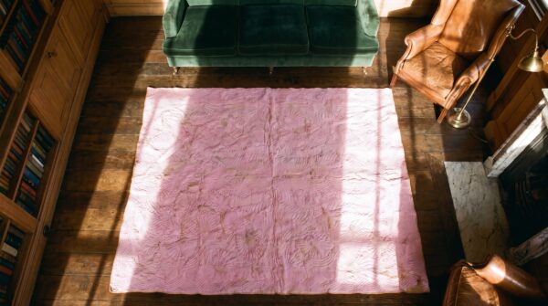 Square multicolor jewel tones wool antique allover geometric quilt needlework 1920s rug 2 Square multicolor jewel tones wool antique allover geometric quilt needlework 1920s rug (sku 20713) - styled overhead view