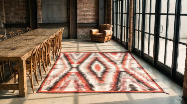 Antique square native american flatwoven tribal geometric navajo rug (sku 21252) - room view