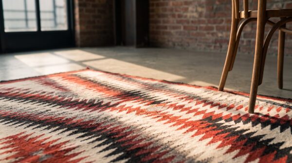 Antique square native american flatwoven tribal geometric navajo rug (sku 21252) - in-room detail