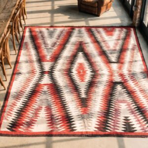 Antique Square Native American Flatwoven Tribal Geometric Navajo Rug (SKU 21252) - styled overhead view