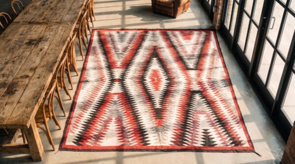 Antique square native american flatwoven tribal geometric navajo rug (sku 21252) - styled overhead view