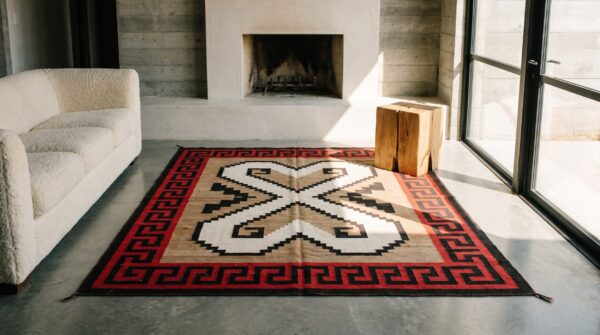 Antique square native american tribal geometric double heart design navajo rug 9 Antique square native american tribal geometric double heart design navajo rug (sku 21253) - room view